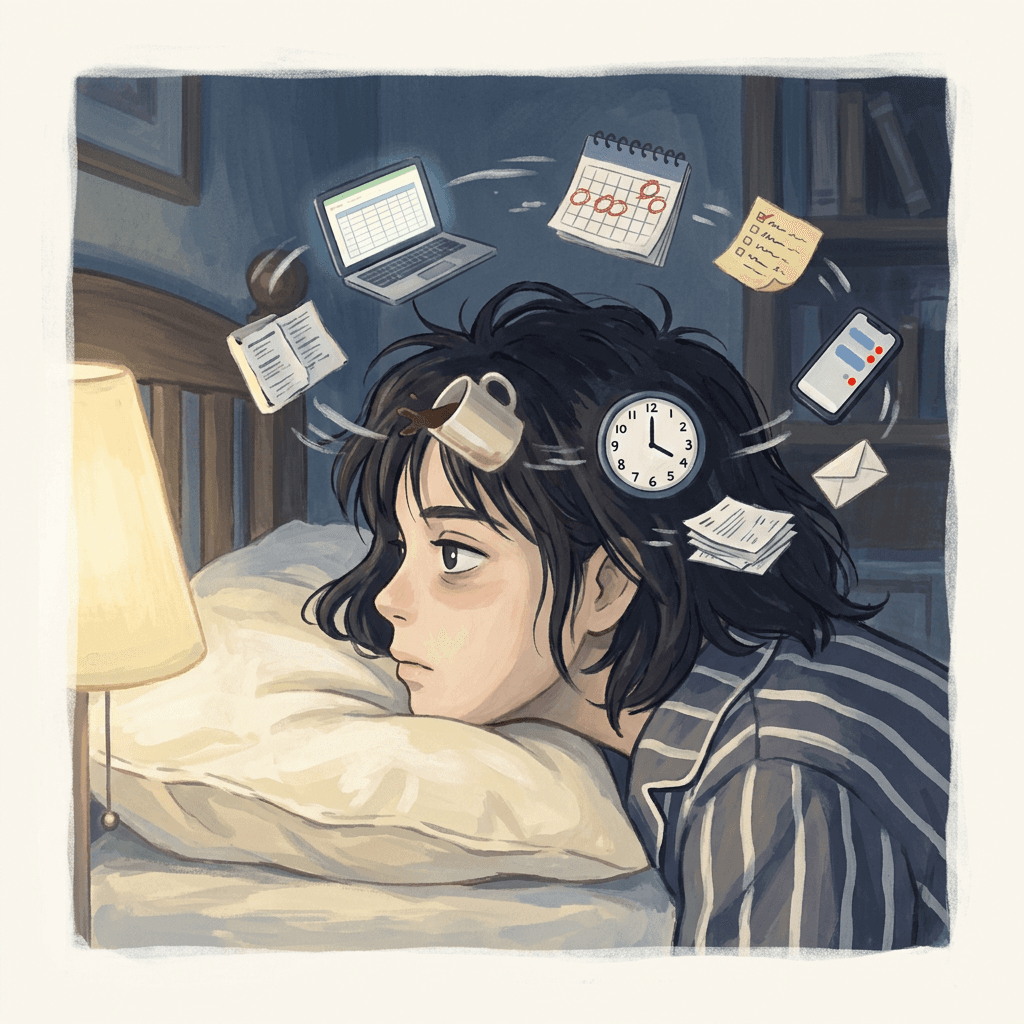 A young woman lying on her side at night, exhausted, with work objects — laptop, calendar, clock, papers, phone, coffee mug — swirling chaotically around her head