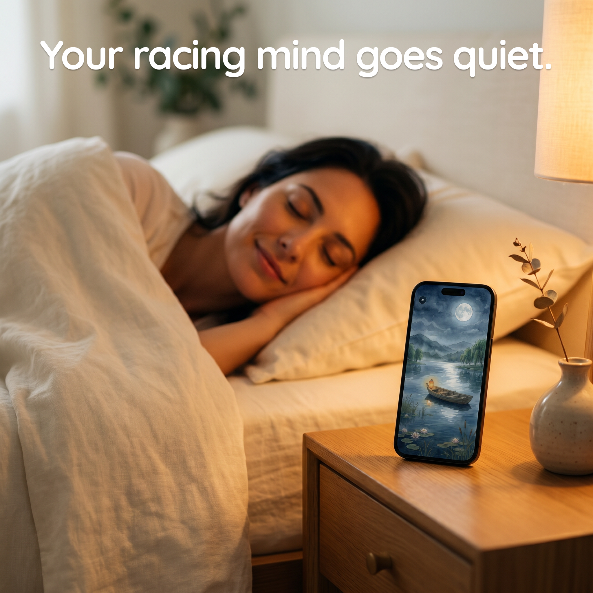 Your racing mind goes quiet — a woman asleep peacefully with a softly glowing phone on the nightstand